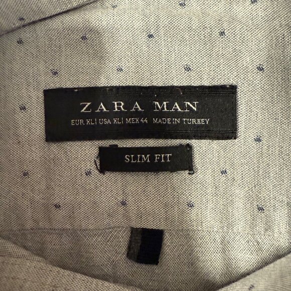 Zara Man Slim Fit Long Sleeve Button-Down Shirt Light Blue Black Dots Size XL - Picture 5 of 6